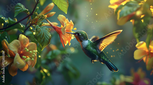 A vibrant hummingbird sipping nectar from a blooming flower