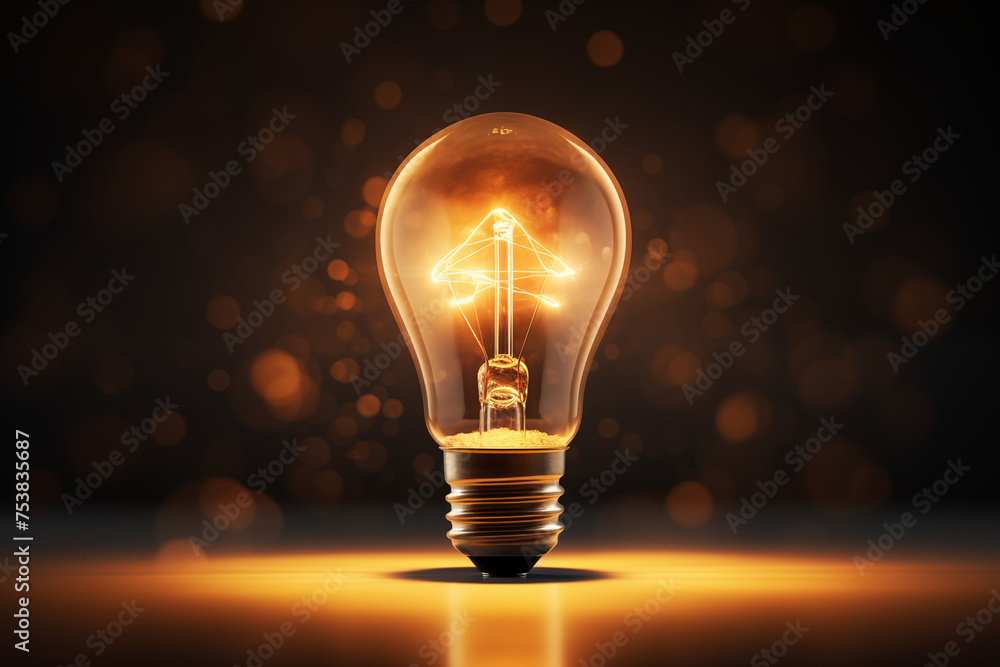 Incandescent bulb radiates warmth, intricate filament design, golden bokeh. Concept: symbolizes sparking innovation, creative thinking in business. - obrazy, fototapety, plakaty 
