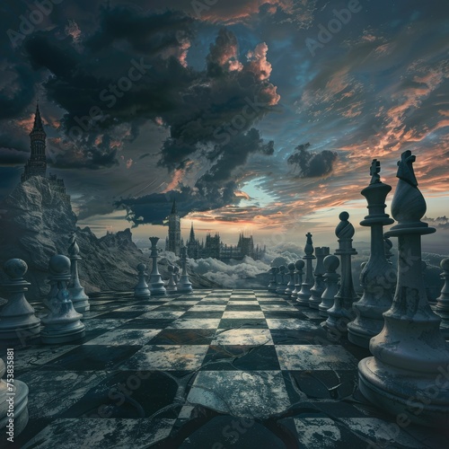 Surreal chessboard landscape with dramatic sky - A stunning image showing a chess game with a surreal landscape background under a dramatic cloud-filled sky representing strategy and imagination