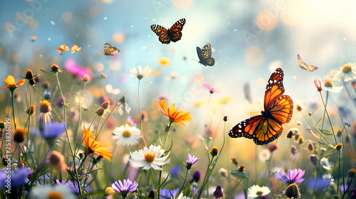 Butterflies fluttering among a profusion of blooming wildflowers photo