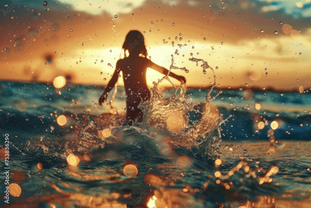 Silhouette of a person playing in the sea - An enchanting capture of a person's silhouette amidst playful splashes against a sunset over the ocean, depicting freedom and joy