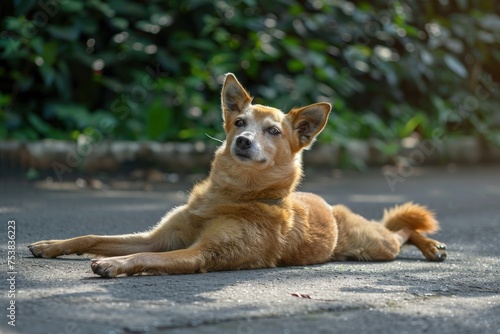 Relaxed dog lying on the ground - A laid-back dog enjoying a restful pose on the ground with sunlit foliage in the background, epitomizing contentment and relaxation © Tida