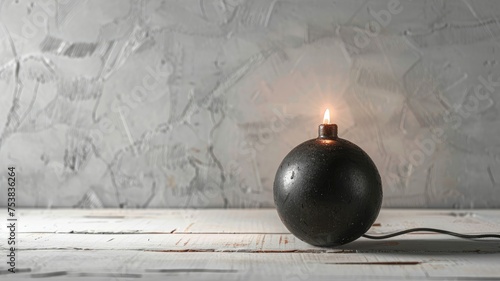 Round bomb with a burning fuse on table - A single spherical bomb with a lit fuse evoking suspense, placed against a neutral textured background