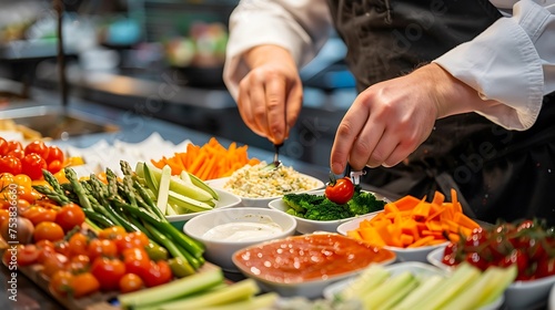 A chef arranging a platter of crudites with dipping sauce