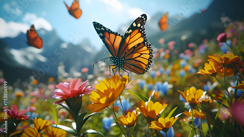 Colorful butterflies dancing amidst blooming alpine flora