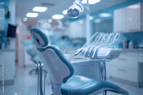 A professional dental chair and instruments in a clean and contemporary dental office