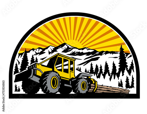 Retro style illustration of a cable skidder pulling a tree behind it with mountains, trees and forest and sunburst in the background set inside half circle on isolated background.
