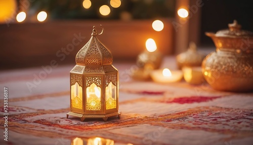 Ramadan Kareem greeting card. Arabic lantern on wooden table with bokeh background