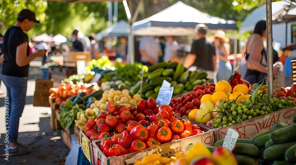 A bustling farmer's market with stalls overflowing with organic fruits and vegetables