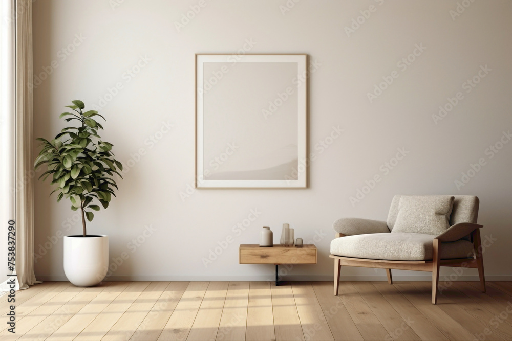Minimalistic white frame amidst beige and Scandinavian ambiance, showcasing a modern living room's simplicity - plain walls, wooden floor, and a potted plant. Minimalistic white frame amidst beige and Scandinavian ambiance, showcasing a modern living room's simplicity - plain walls, wooden floor, and a potted plant.