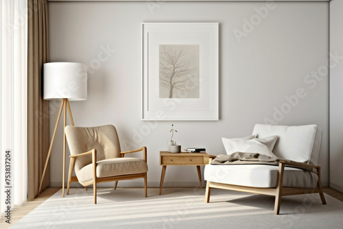 Minimalistic living room layout featuring white frame, armchair, table, lamp.