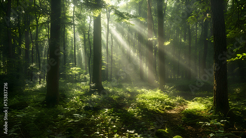 Dappled sunlight filtering through thick canopy onto forest floor © Muhammad