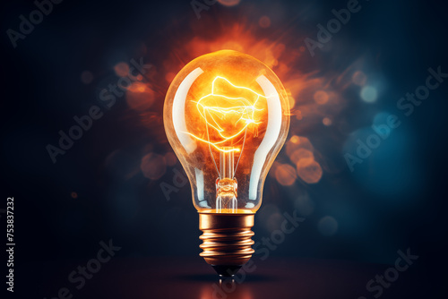 Glowing light bulb against dark, bokeh background. Concept: innovation, creativity, energy solutions, copy space. 