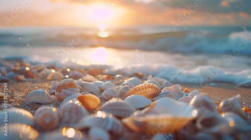 Delicate seashells scattered along the shoreline at dawn