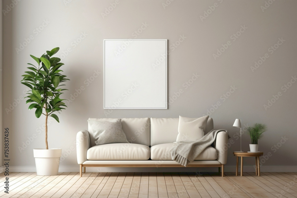 Minimalistic white frame on beige and Scandinavian walls, showcasing a modern living room's simplicity - plain walls, wooden floor, and a potted plant. Minimalistic white frame on beige and Scandinavian walls, showcasing a modern living room's simplicity - plain walls, wooden floor, and a potted plant.