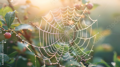 Dew-kissed spiderweb glistening in the early morning mist