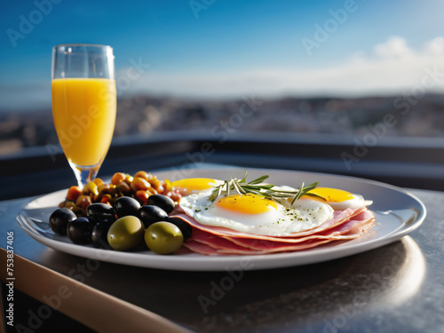 Breakfast Dish of Eggs Ham Bread Olives and Orange Juice with Nice View