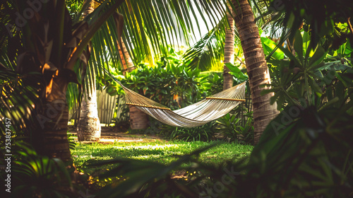A lone hammock strung between two palm trees  swaying gently in the summer breeze