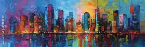 A colorful cityscape painting featuring bright hues and lively architecture.