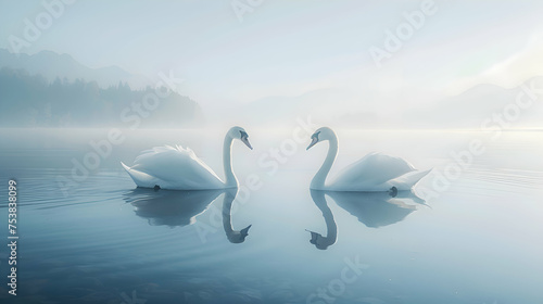 Elegant swans gliding gracefully across tranquil lake waters