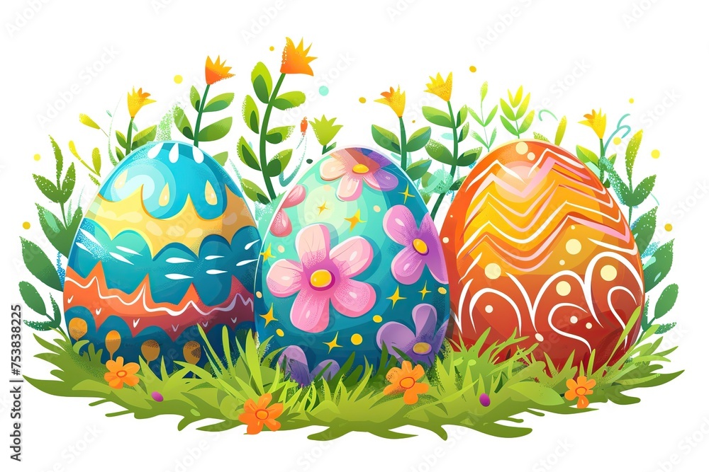Illustration of decorated easter eggs and flowers