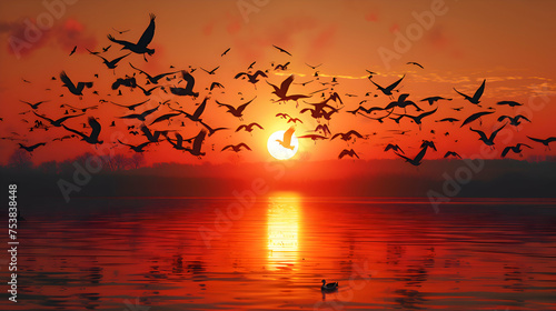 Flocks of migrating birds silhouetted against the setting sun photo