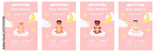 Baby shower invitation. Baby girl shower card set. Cartoon style vector illustration of multiracial babies, moon and stars in night cap, typography. 