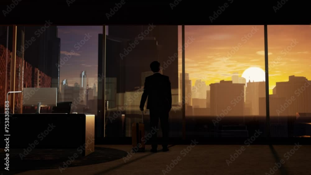 Asian Businessman Walking With Suitcase And Looking Out Of The Window On Big City With Skyscrapers At Sunset Asian Businessman Walking With Suitcase And Looking Out Of The Window On Big City With Skyscrapers At Sunset