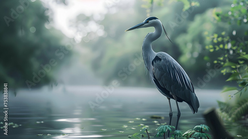 Graceful heron standing statuesque by the water's edge
