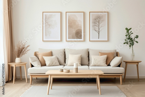 Beige Scandinavian living room with two sofas and a wooden table under a blank frame. © Hamzaa