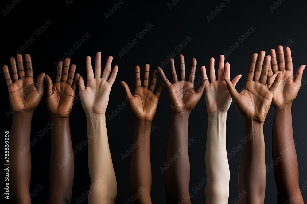 Many hands of different ethnicities on black background, closeup. Many hands of different ethnicities on black background, closeup.