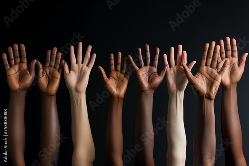 Many hands of different ethnicities on black background, closeup.