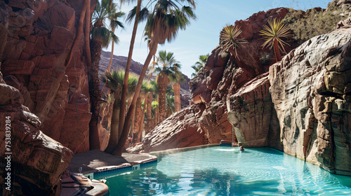  a hidden luxury oasis in the desert A turquoise pool nestled amidst red rocks reflects the azure sky