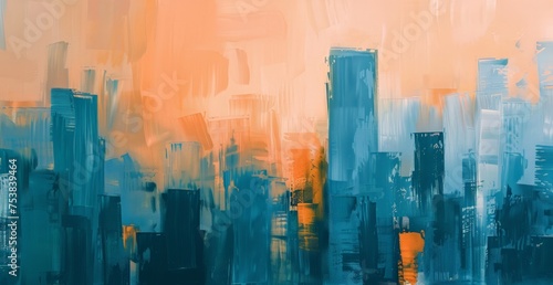 A vibrant painting showcasing a cityscape in contrasting orange and blue colors  capturing the bustling energy of urban life.