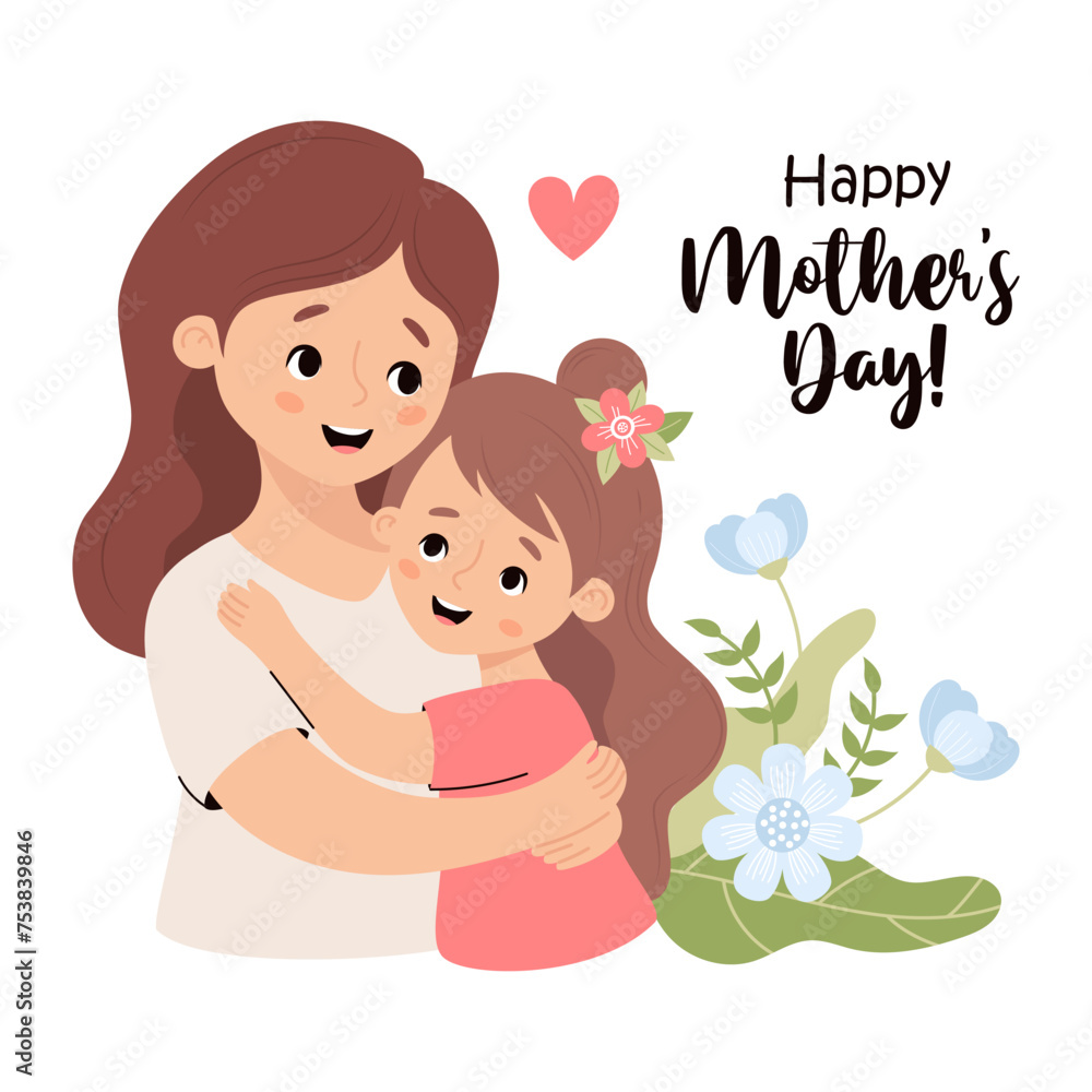 Cute woman mother brunette with her daughter. Happy mothers day postcard. Vector illustration in flat cartoon style. Cute woman mother brunette with her daughter. Happy mothers day postcard. Vector illustration in flat cartoon style.