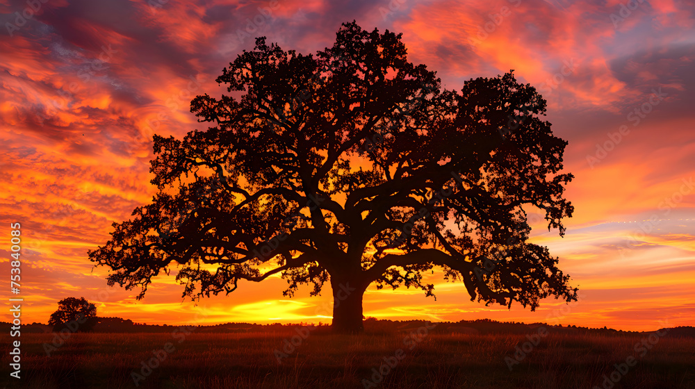 Majestic oak tree silhouetted against a fiery sunset sky
