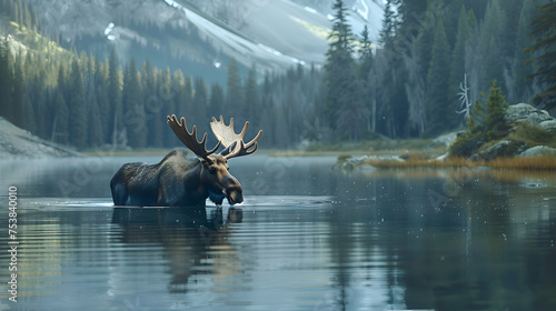 Majestic moose wading through calm waters of a mountain lake © Muhammad