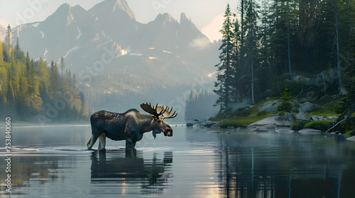 Majestic moose wading through calm waters of a mountain lake © Muhammad
