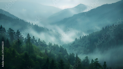 Misty valleys shrouded in early morning haze amid pine forests