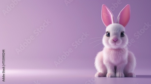 a cute 3d cartoon easter bunny on a light purple background, space for copy photo