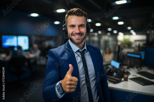 Young friendly operator agent with headsets working in a call centre.