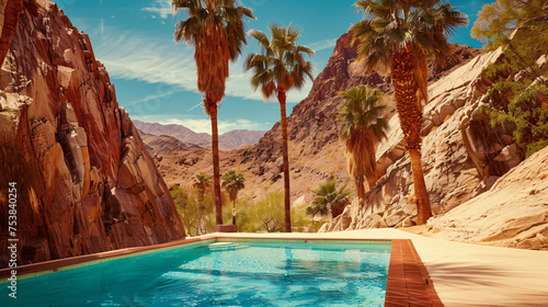  a hidden luxury oasis in the desert A turquoise pool nestled amidst red rocks reflects the azure sky photo