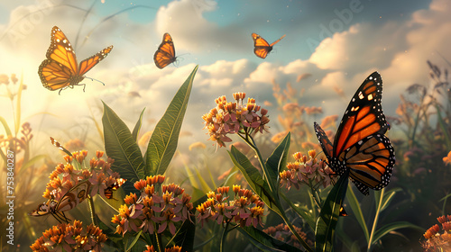 Monarch butterflies resting on a swaying milkweed plant