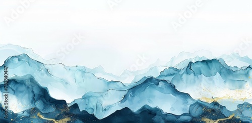 A painting depicting a majestic mountain range in shades of blue and gold.