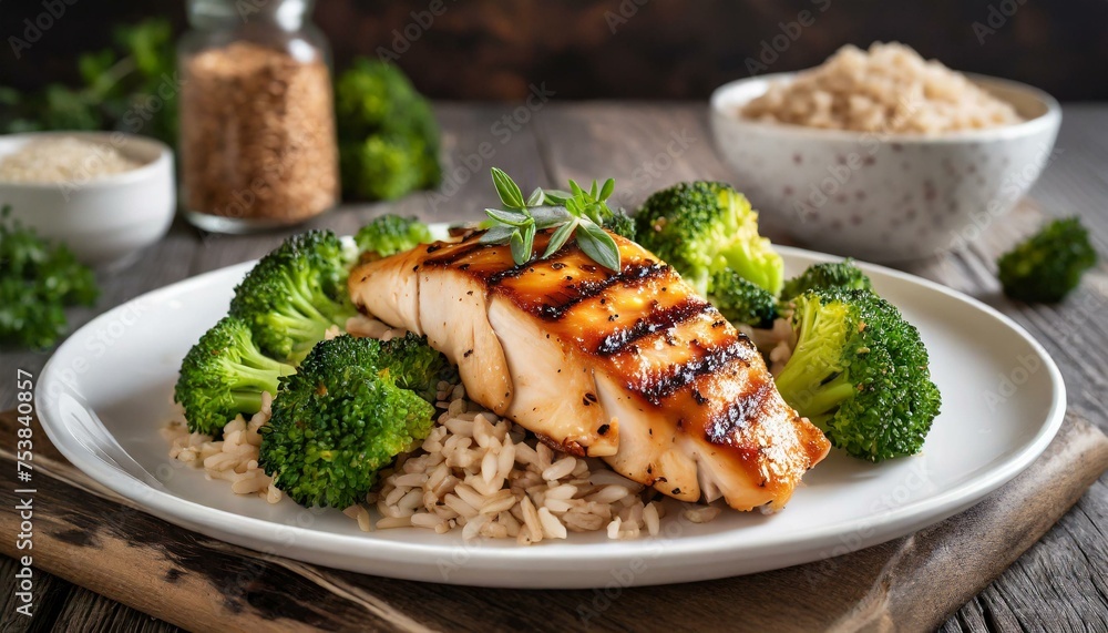 Grilled chicken with broccoli and brown rice on a white plate Grilled chicken with broccoli and brown rice on a white plate