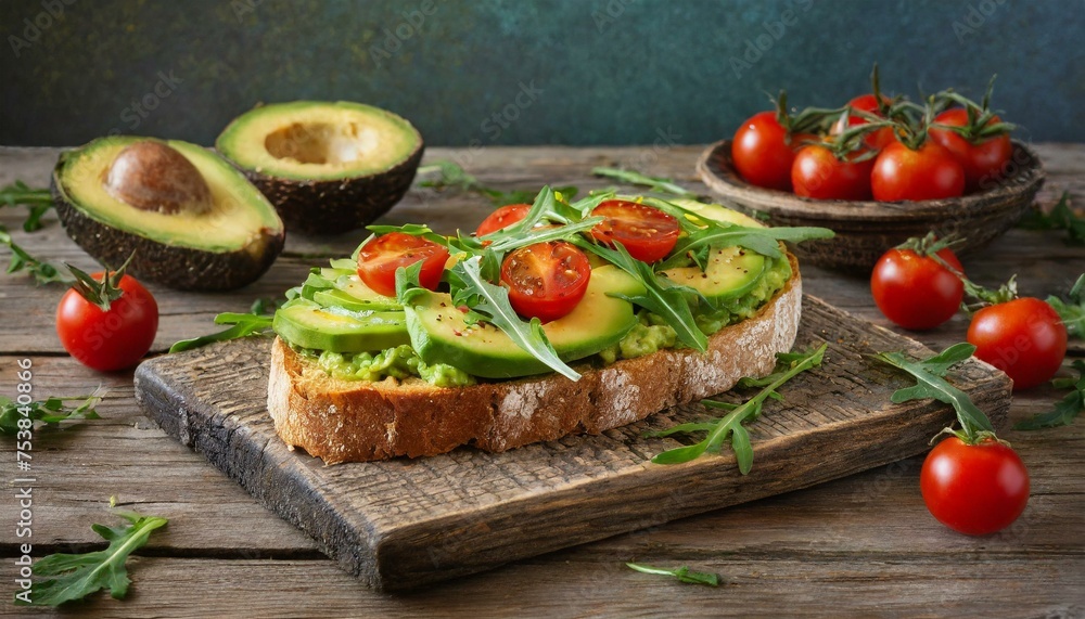 Avocado toast with arugula and cherry tomatoes on a rustic wooden table Avocado toast with arugula and cherry tomatoes on a rustic wooden table