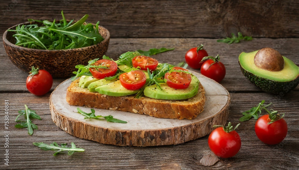Avocado toast with arugula and cherry tomatoes on a rustic wooden table Avocado toast with arugula and cherry tomatoes on a rustic wooden table