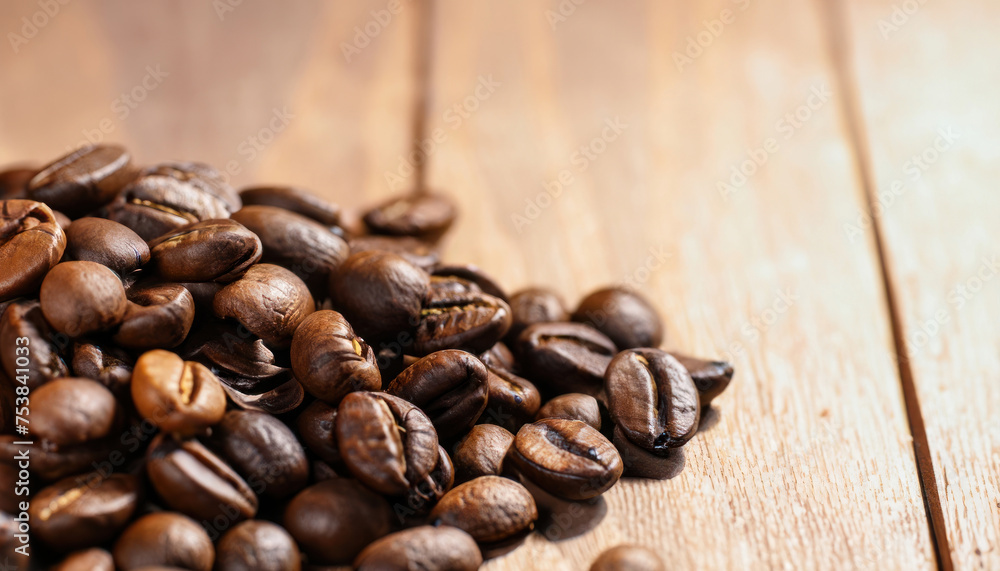 Naklejka premium coffee beans on wooden table