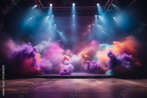 Scene with colorful smoke, fog, steam, illuminated spotlights. stage, podium for product presentation. Colorful, abstract background, mockup.