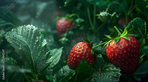 Ripe strawberries peeking out from dense foliage